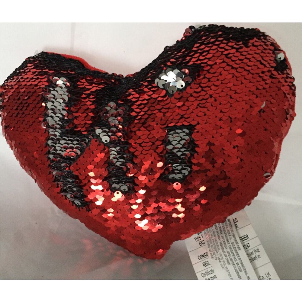 Heart Red Silver Reversible Sequins Plush Pillow Valentine's Day Accent Sofa
